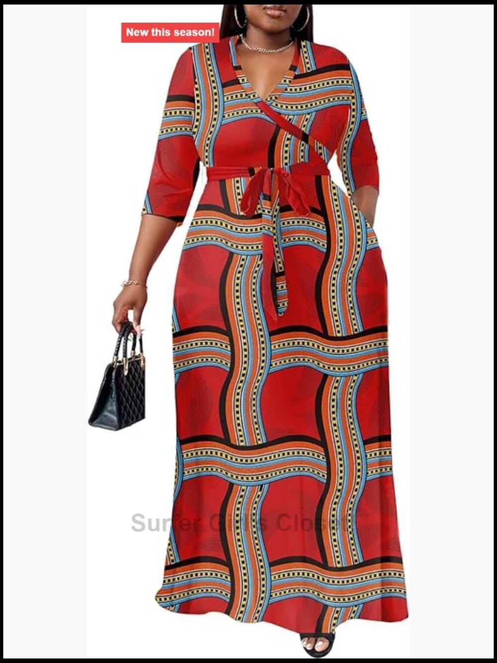 Plus Size Maxi Dress 3/4 Sleeve Flowy Long Dress with Belt